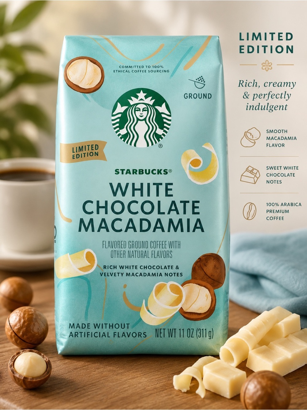 Starbucks White Chocolate Macadamia Ground Coffee - Teal Blue Packaging